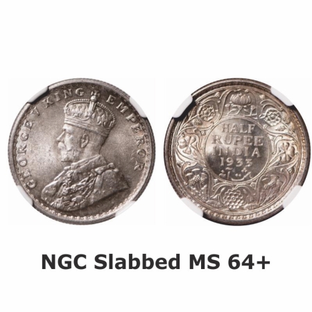 George V, Silver, Half Rupee, 1933, Calcutta Mint, No dot. GK 1073. NGC Slabbed MS 64+. Ve