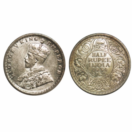 George V, Silver, Half Rupee, 1934, Calcutta Mint, No dot. GK 1074. Uncirculated. Very Sca