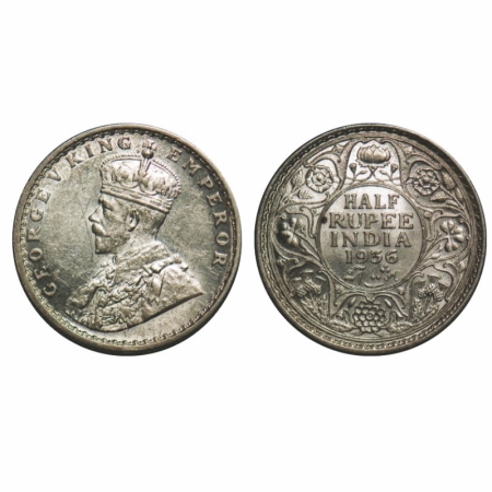 George V, Silver, Half Rupee, 1936, Calcutta Mint, No dot. GK 1075. Uncirculated. Scarce.