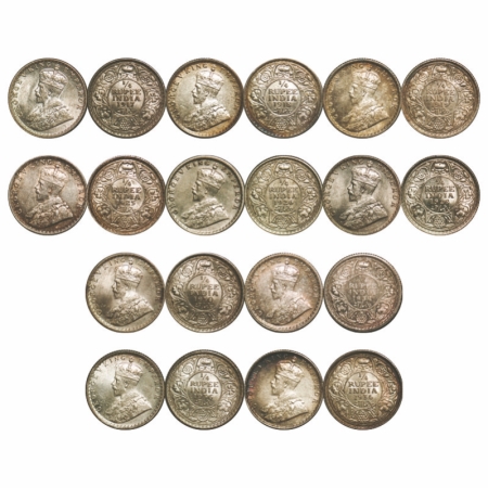 George V, Silver, 1/4 Rupee, (Lot of 10 coins), 1) 1917, Calcutta mint, No dot, 2) 1918, C