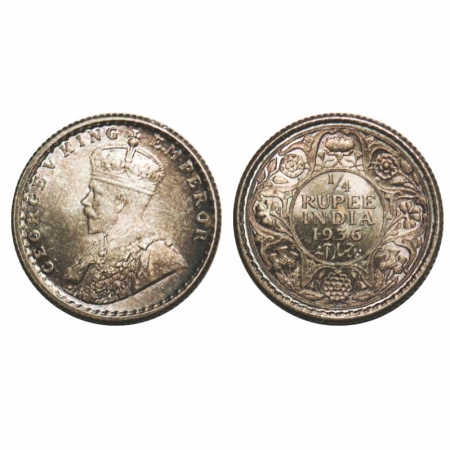 George V, Silver, 1/4 Rupee, 1936, Calcutta Mint, No dot. GK 1099. Brilliant Uncirculated,