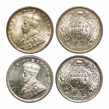 George V, Silver, 2 Annas (2 Coins), 1912, 1) Calcutta mint, No dot, Re-drawn Elephant, 2)