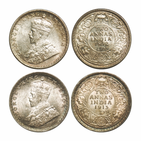 George V, Silver, 2 Annas (2 coins), 1912, Bombay Mint, Dot, Re-drawn Elephant, 1913, Bomb