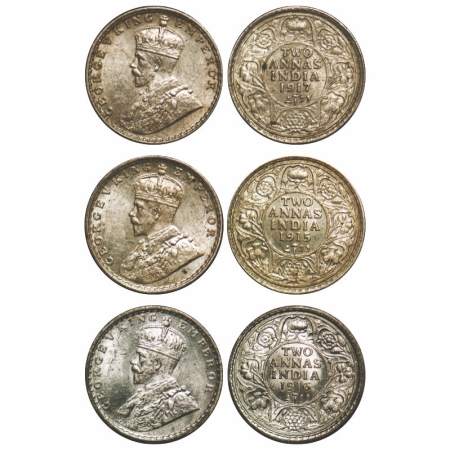 George V, Silver, 2 Annas (3 coins), 1915, 1916, 1917, Calcutta Mint, No dot. GK 1114, 111