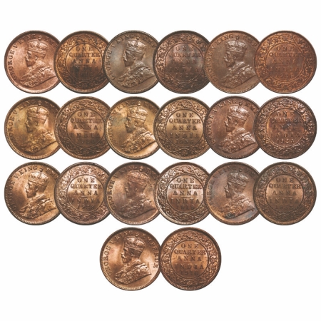 George V, Bronze, Quarter Anna, (10 coins), 1) 1912, Calcutta Mint, No dot, 2) 1918, Calcu