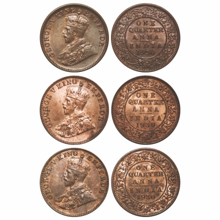 George V, Bronze, Quarter Anna, (3 coins), 1930, 1) Bombay Mint, Dot, 2) Bombay Mint, Dot,