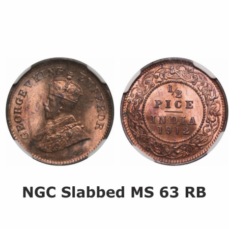 George V, Bronze, 1/2 Pice, 1912, Calcutta Mint, No mint mark. GK 1198. NGC Slabbed MS 63 
