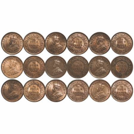 George V, Bronze, 1/2 Pice, (lot of 9 coins), Calcutta Mint, 1914, 1916, 1923, 1924, 1925,