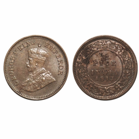 George V, Bronze, 1/2 Pice, 1914, Calcutta Mint, No mint mark, Alphabate 'P', 'I' & 'A' of
