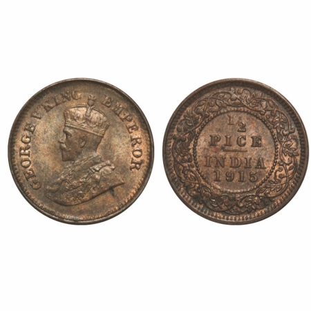 George V, Bronze, 1/2 Pice, 1915, Calcutta Mint, No mint mark. GK 1201. Uncirculated. Scar