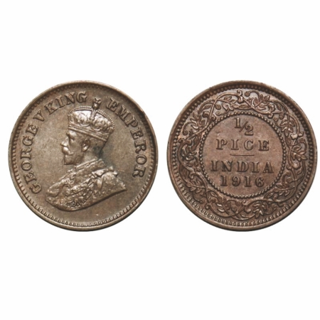 George V, Bronze, 1/2 Pice, 1916, Calcutta Mint, No mint mark. GK 1202. Uncirculated. Very