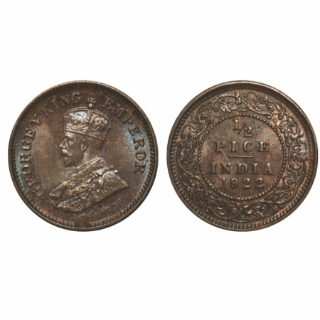 George V, Bronze, 1/2 Pice, 1922, Calcutta Mint, No mint mark. GK 1208. Uncirculated. Scar