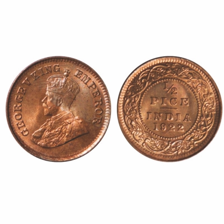 George V, Bronze, 1/2 Pice, 1922, Calcutta Mint, No mint mark. GK 1208. Brilliant Uncircul