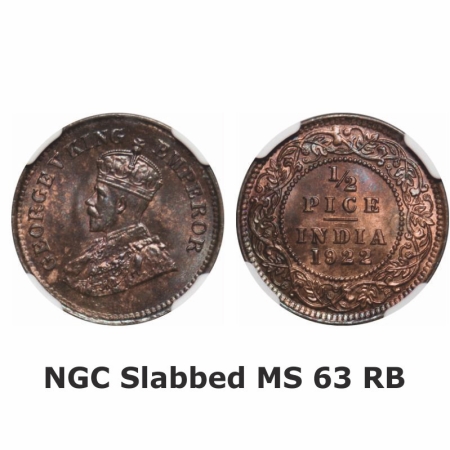George V, Bronze, 1/2 Pice, 1922, Calcutta Mint, No mint mark. GK 1208. NGC Slabbed MS 63 