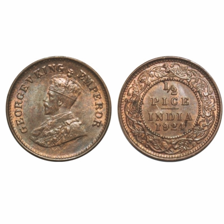 George V, Bronze, 1/2 Pice, 1924, Calcutta Mint, No mint mark, Ghost on Rev. GK 1210. Unci