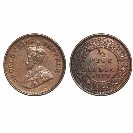George V, Bronze, 1/2 Pice, 1927, Calcutta Mint, No mint mark. GK 1213. Uncirculated. Scar