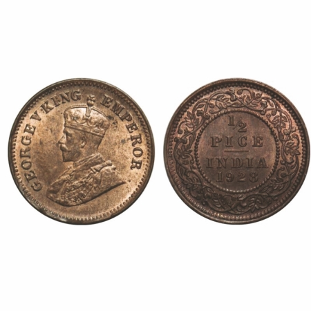 George V, Bronze, 1/2 Pice, 1928, Calcutta Mint, No mint mark. GK 1214. Brilliant Uncircul