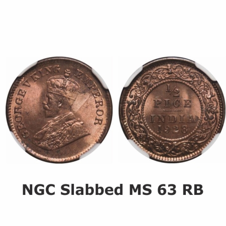 George V, Bronze, 1/2 Pice, 1928, Calcutta Mint, No mint mark. GK 1214. NGC Slabbed MS 63 