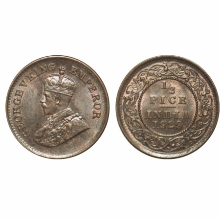 George V, Bronze, 1/2 Pice, 1929, Calcutta Mint, No mint mark, Ghost on Rev. GK 1215. Bril