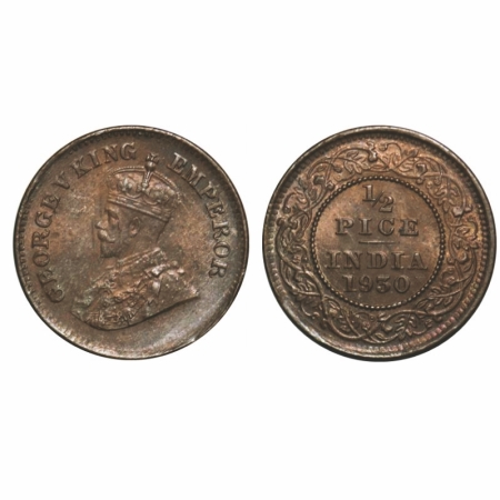 George V, Bronze, 1/2 Pice, 1930, Calcutta Mint, No mint mark, Ghost on Obv and Rev. GK 12