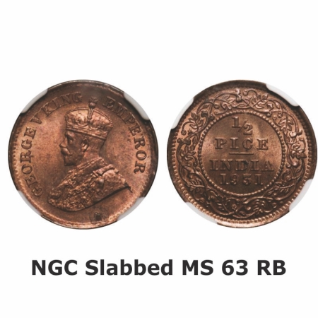 George V, Bronze, 1/2 Pice, 1931, Calcutta Mint, No mint mark. GK 1217. NGC Slabbed MS 63