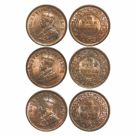 George V, Bronze, 1/2 Pice, (3 coins), 1932, 1934, 1936, Calcutta Mint, No mint mark. GK 1