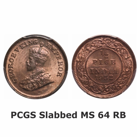 George V, Bronze, 1/2 Pice, 1932, Calcutta Mint, No mint mark. GK 1218. PCGS Slabbed MS 64