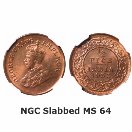 George V, Bronze, 1/2 Pice, 1933, Calcutta Mint, No mint mark. GK 1219. NGC Slabbed MS 64.