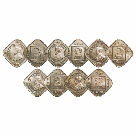 George V, Copper-Nickel, 2 Annas, (5 coins), 1) 1918, Calcutta Mint, No dot, 2) 1918, Bomb