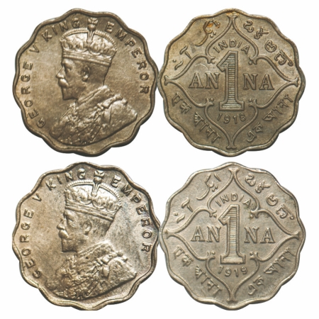 George V, Copper-Nickel, 1 Anna, (2 coins), Bombay Mint ,1918, No dot, 1919, No dot, Ghost