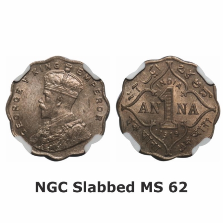 George V, Copper-Nickel, 1 Anna, 1919, Bombay Mint, No dot. GK 1149. NGC Slabbed MS 62. Sc