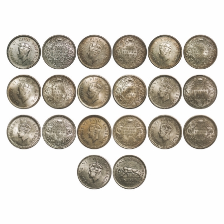 George VI, Mix Metal, Half Rupee, (Lot of 10 coins), 1) 1938, Silver, Bombay Mint, Head Ty