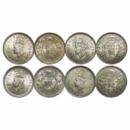 George VI, Half Silver, Rupee, (4 coins), 1) 1941, Bombay Mint, A(a)/I, Dot, Security edge