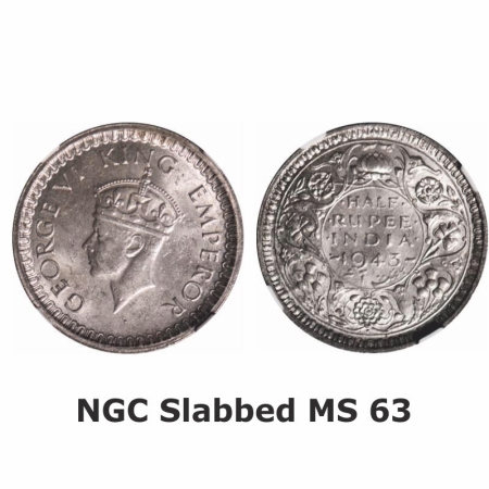 George VI, Half Silver, Half Rupee, 1943, Bombay Mint, B/II, Head Type II, Dot, Security e
