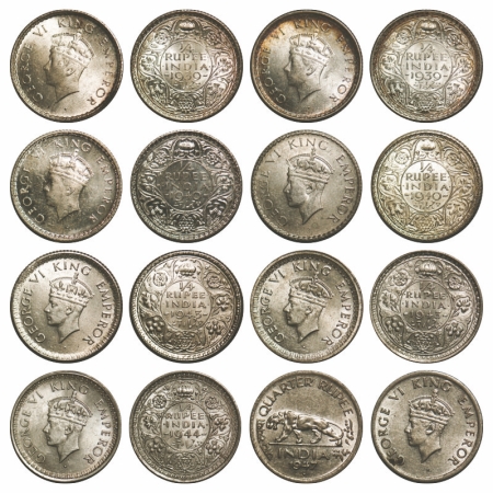 George VI, Mix Metal, 1/4 Rupee, (8 coins), 1) 1939, Silver, Bombay Mint, Head Type I, Rev