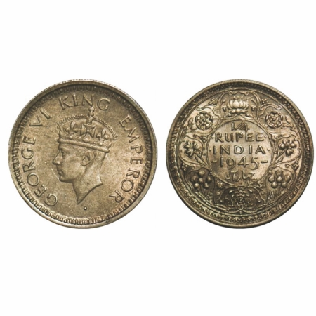 George VI, Half Silver, 1/4 Rupee, 1945, Bombay Mint, Head Type II, Rev II, Dot, Security 