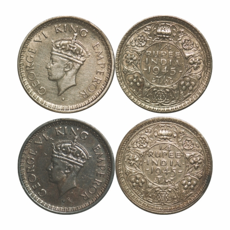 George VI, Half Silver, 1/4 Rupee, (2 coins), 1945, 1) Bombay Mint, Head Type II, Rev II, 