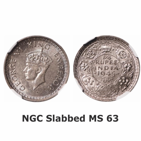 George VI, Half Silver, 1/4 Rupee, 1945, Bombay Mint, Head Type II, Rev II, Dot, Security