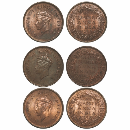 George VI, Bronze, Quarter Anna, (3 coins), 1938, 1) Bombay Mint, Head Type I, Dot, Dots b