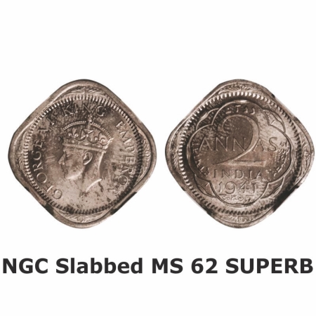 George VI, Copper-Nickel, 2 Annas, 1941, Calcutta Mint, Head Type II, No dots by year. GK 