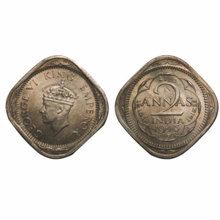 George VI, Copper-Nickel, 2 Annas, 1946, Calcutta Mint, Head Type II, No dots by year, Mul