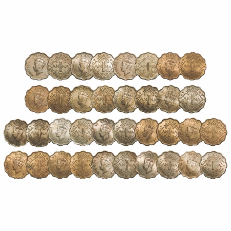 George VI, Mix Metal, 1 Anna, (Lot of 18 coins), 1) 1938, Copper-Nickel, Bombay Mint, Head