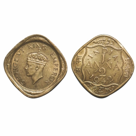 George VI, Brass-Nickel, 1/2 Anna, 1942, Bombay mint, Dots by India, dashes by year, Tiny 