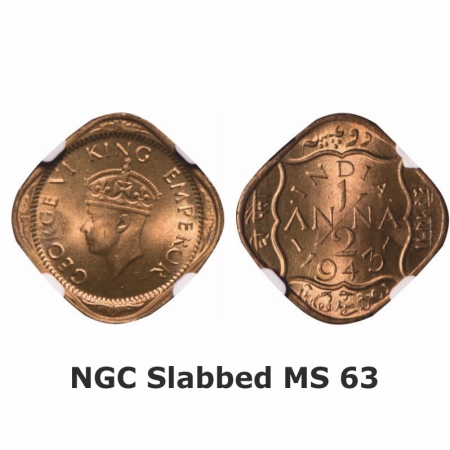 George VI, Brass-Nickel, 1943, 1/2 Anna, Calcutta Mint, Dots by India, Dashes by year. GK 