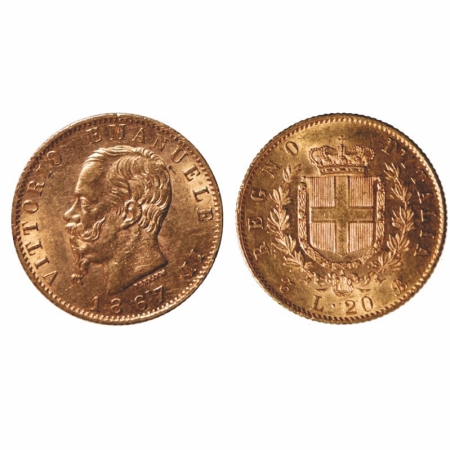 Italy, Gold 20 Lire, 6.4 g, Emmanuel II, 1867. KM 10. Uncirculated, Rare.