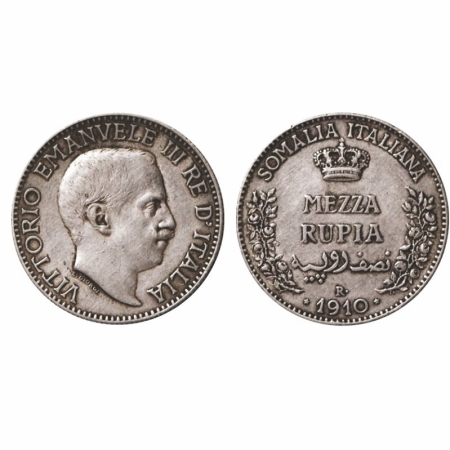 Italian Somaliland, Silver (0.917 silver) ½ Rupia, 5.80g, 1910 R, Obv: Bust of Emanuele II