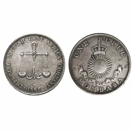 Kenya Mombasa, Silver Rupee (0.917 silver), 11.62g, , 1888 AD (H / Birmingham Mint), Obv: 