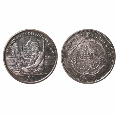 Liberia, Copper Nickel, 28.30g, 1997 AD, Mahatma Gandhi, Obv: National Arms, Rev: Mahatma 