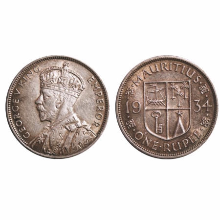 Mauritius, Silver Rupee (0.9160 silver), 11.66g, George V, 1934, Obv: Crowned Bust to left