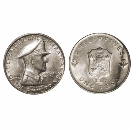 Philippines, Silver Peso (0.900 silver), 19.90g, 1947, Obv: bust to right, Rev: sheild. KM